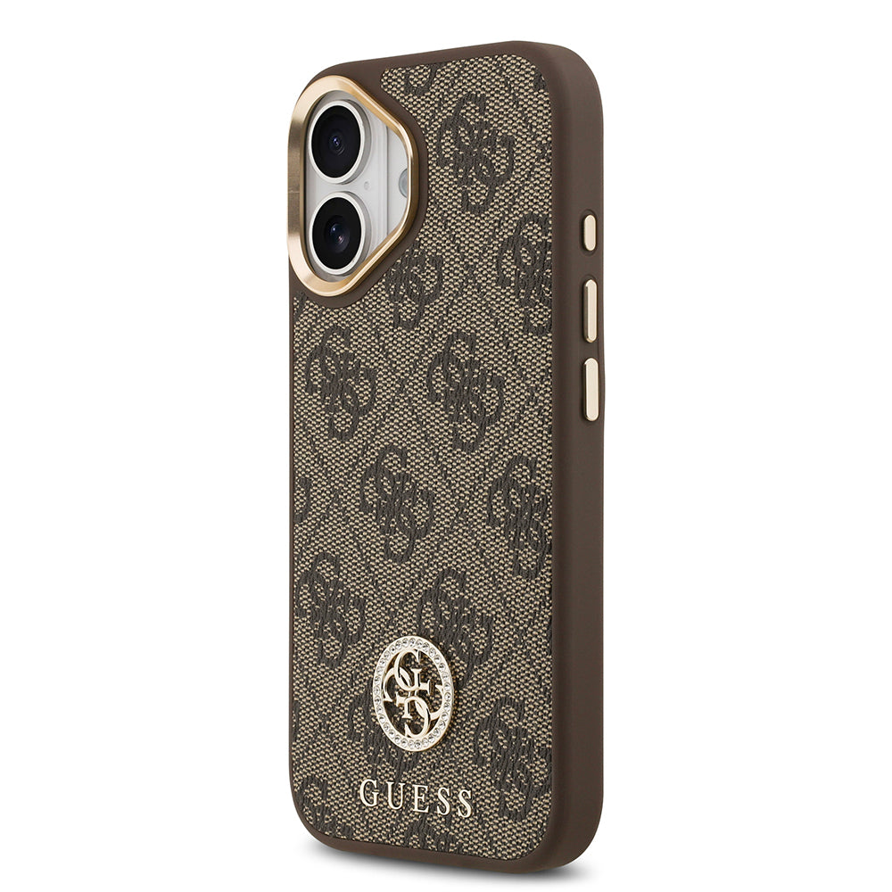 Apple iPhone 17 Kılıf Guess Orjinal Lisanslı M-safe Şarj Özellikli Gold Metal Kamera Çerçeveli Taşlı 4G Logolu Kapak  Kahverengi