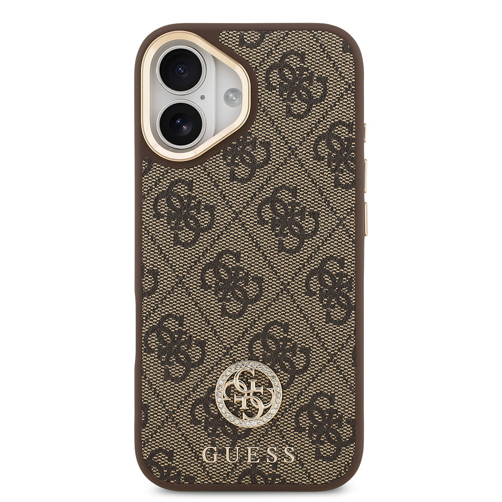 Apple iPhone 17 Kılıf Guess Orjinal Lisanslı M-safe Şarj Özellikli Gold Metal Kamera Çerçeveli Taşlı 4G Logolu Kapak  Kahverengi