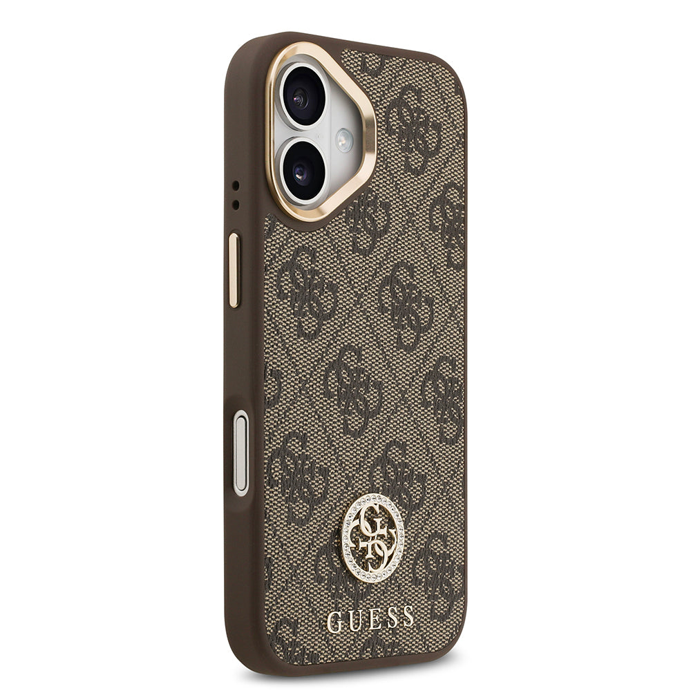 Apple iPhone 17 Kılıf Guess Orjinal Lisanslı M-safe Şarj Özellikli Gold Metal Kamera Çerçeveli Taşlı 4G Logolu Kapak  Kahverengi