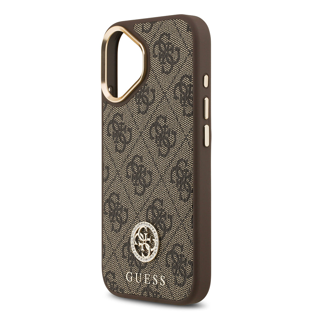 Apple iPhone 17 Kılıf Guess Orjinal Lisanslı M-safe Şarj Özellikli Gold Metal Kamera Çerçeveli Taşlı 4G Logolu Kapak  Kahverengi