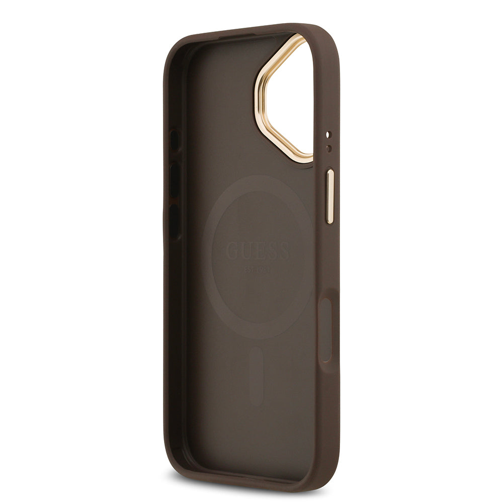 Apple iPhone 17 Kılıf Guess Orjinal Lisanslı M-safe Şarj Özellikli Gold Metal Kamera Çerçeveli Taşlı 4G Logolu Kapak  Kahverengi