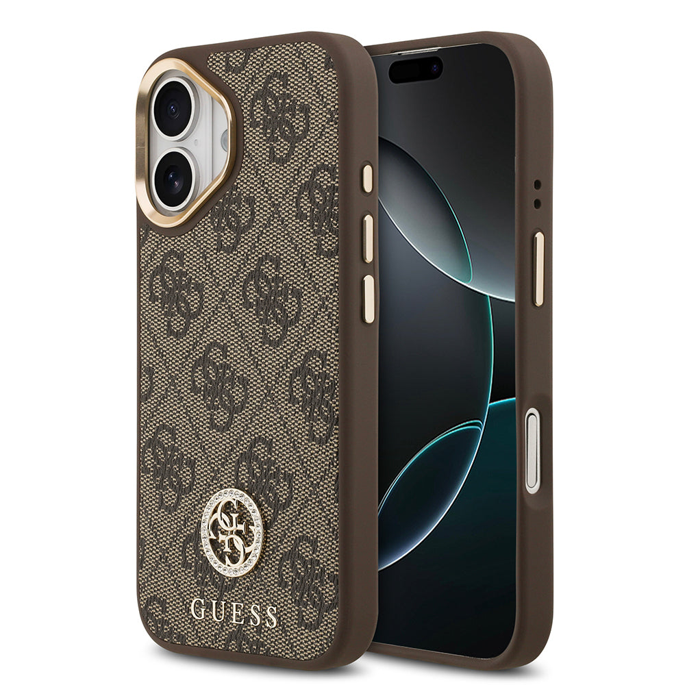 Apple iPhone 17 Kılıf Guess Orjinal Lisanslı M-safe Şarj Özellikli Gold Metal Kamera Çerçeveli Taşlı 4G Logolu Kapak  Kahverengi