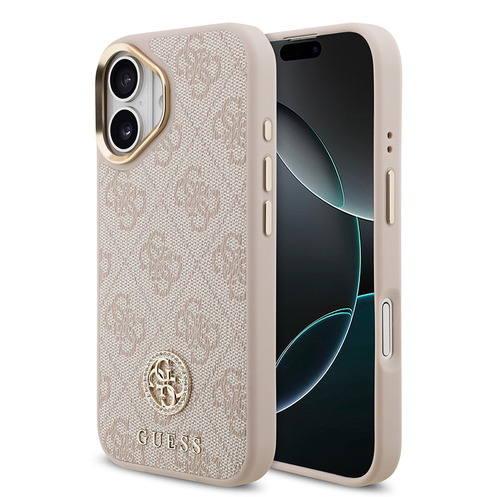 Apple iPhone 17 Kılıf Guess Orjinal Lisanslı M-safe Şarj Özellikli Gold Metal Kamera Çerçeveli Taşlı 4G Logolu Kapak  Pembe