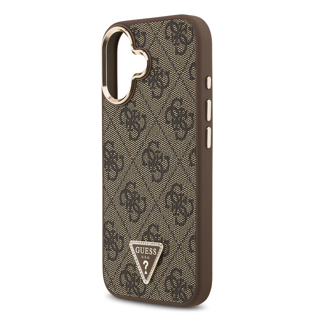 Apple iPhone 17 Kılıf Guess Orjinal Lisanslı M-safe Şarj Özellikli Gold Metal Kamera Çerçeveli Taşlı Üçgen Logo 4G Desenli Kapak Kahverengi