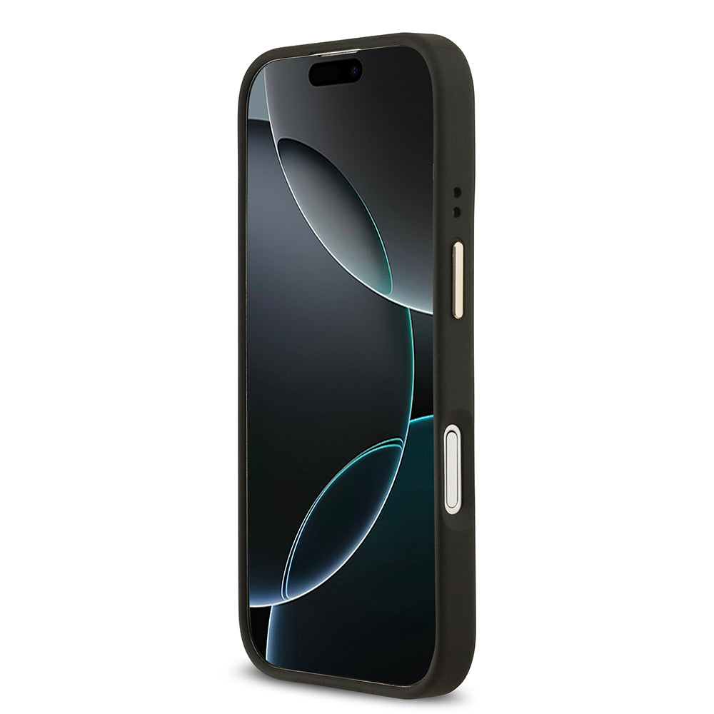 Apple iPhone 17 Kılıf Guess Orjinal Lisanslı M-safe Şarj Özellikli Grained Yazı ve Taşlı 4G Logolu Kapak Siyah