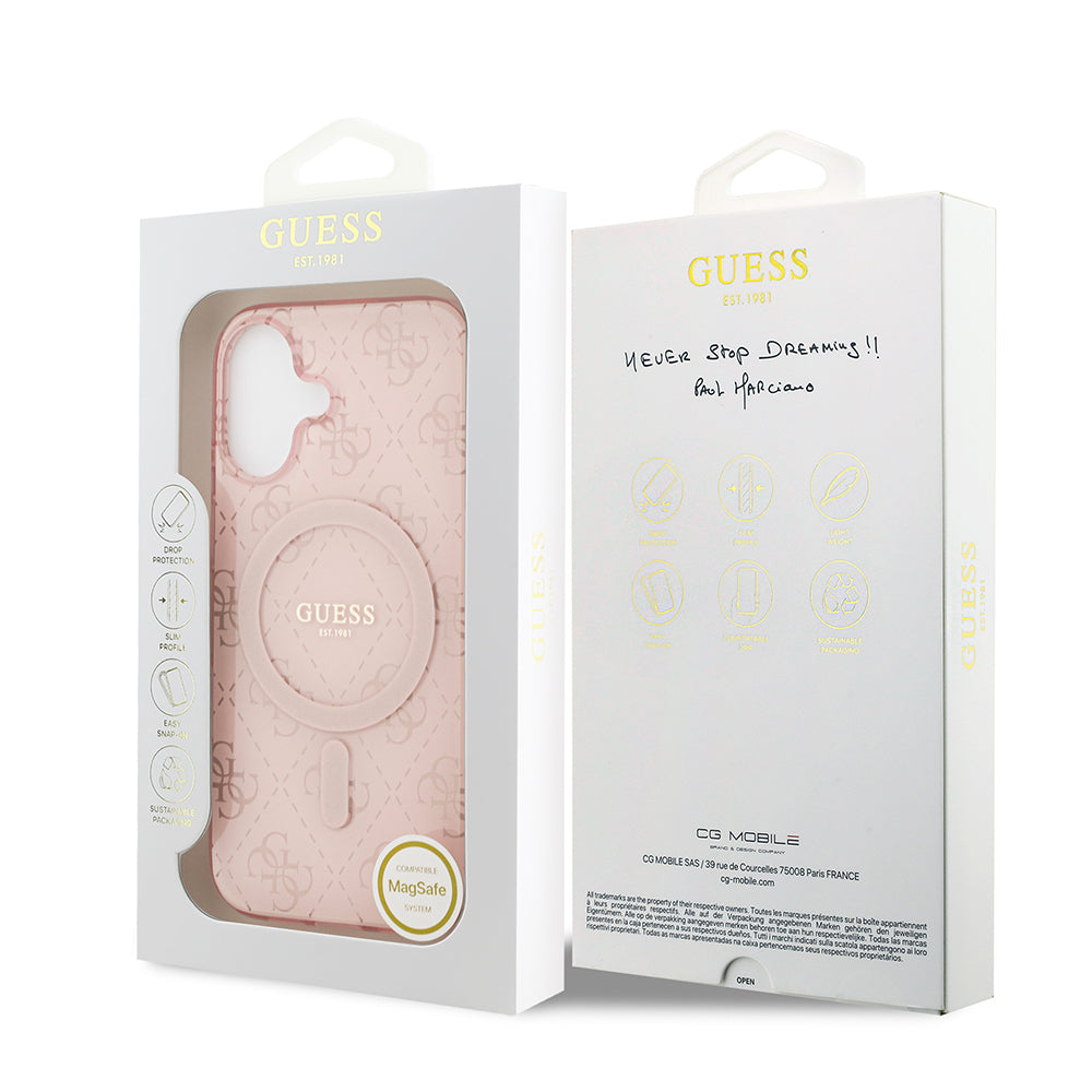 Apple iPhone 17 Kılıf Guess Orjinal Lisanslı M-safe Şarj Özellikli IML Baskılı Klasik Logolu 4G Desenli Kapak Pembe