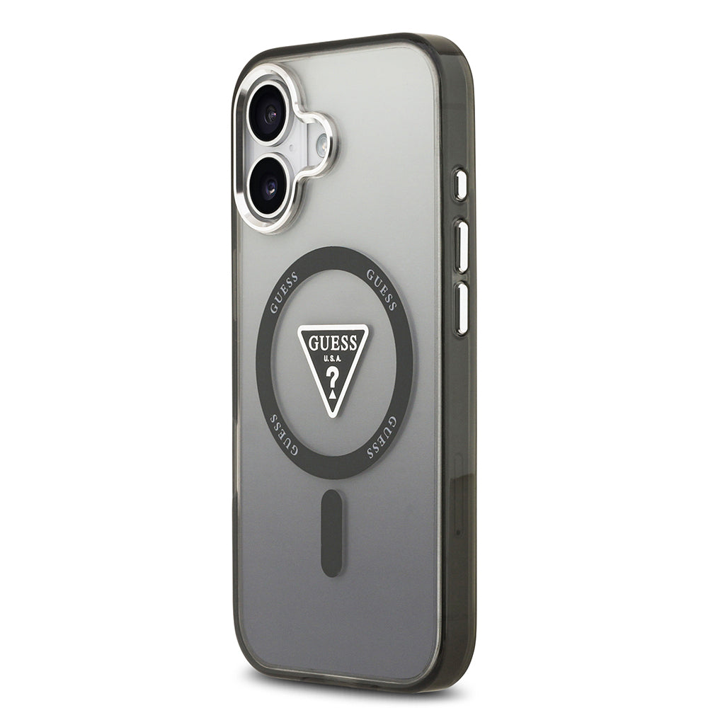 Apple iPhone 17 Kılıf Guess Orjinal Lisanslı M-safe Şarj Özellikli IML Baskılı Üçgen Logolu Metal Kamera Çerçeveli Kapak Siyah