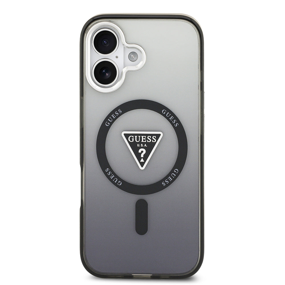 Apple iPhone 17 Kılıf Guess Orjinal Lisanslı M-safe Şarj Özellikli IML Baskılı Üçgen Logolu Metal Kamera Çerçeveli Kapak Siyah
