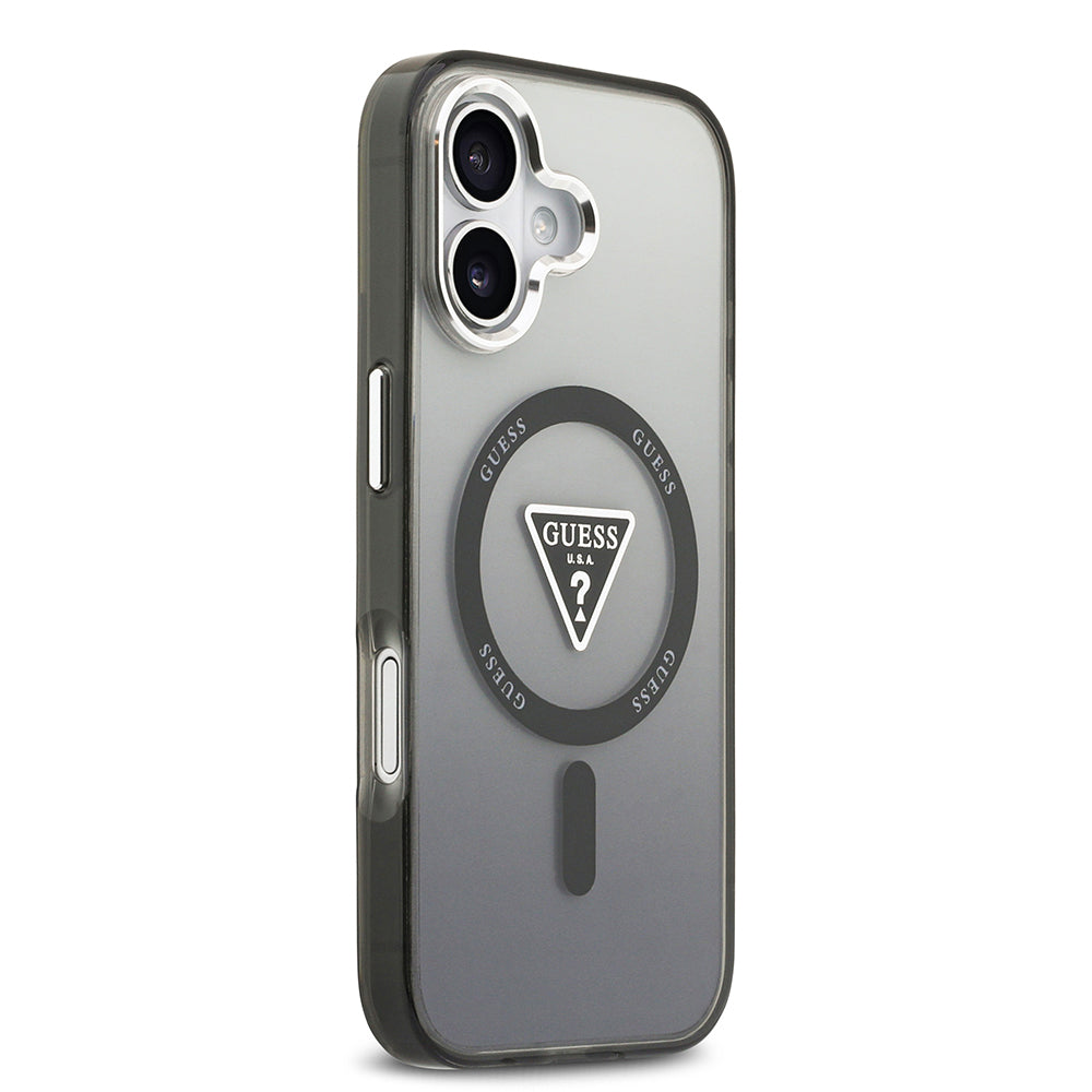 Apple iPhone 17 Kılıf Guess Orjinal Lisanslı M-safe Şarj Özellikli IML Baskılı Üçgen Logolu Metal Kamera Çerçeveli Kapak Siyah
