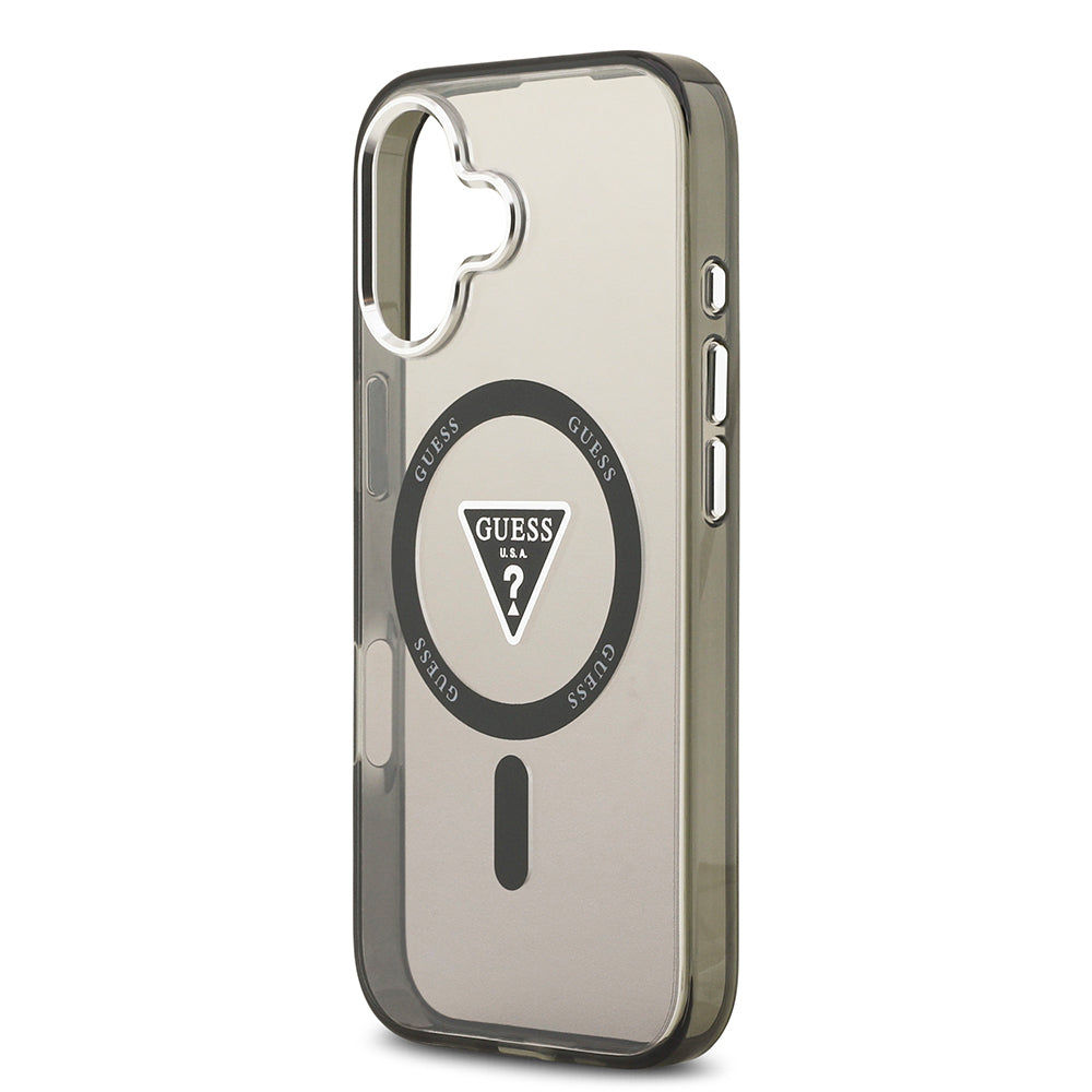 Apple iPhone 17 Kılıf Guess Orjinal Lisanslı M-safe Şarj Özellikli IML Baskılı Üçgen Logolu Metal Kamera Çerçeveli Kapak Siyah