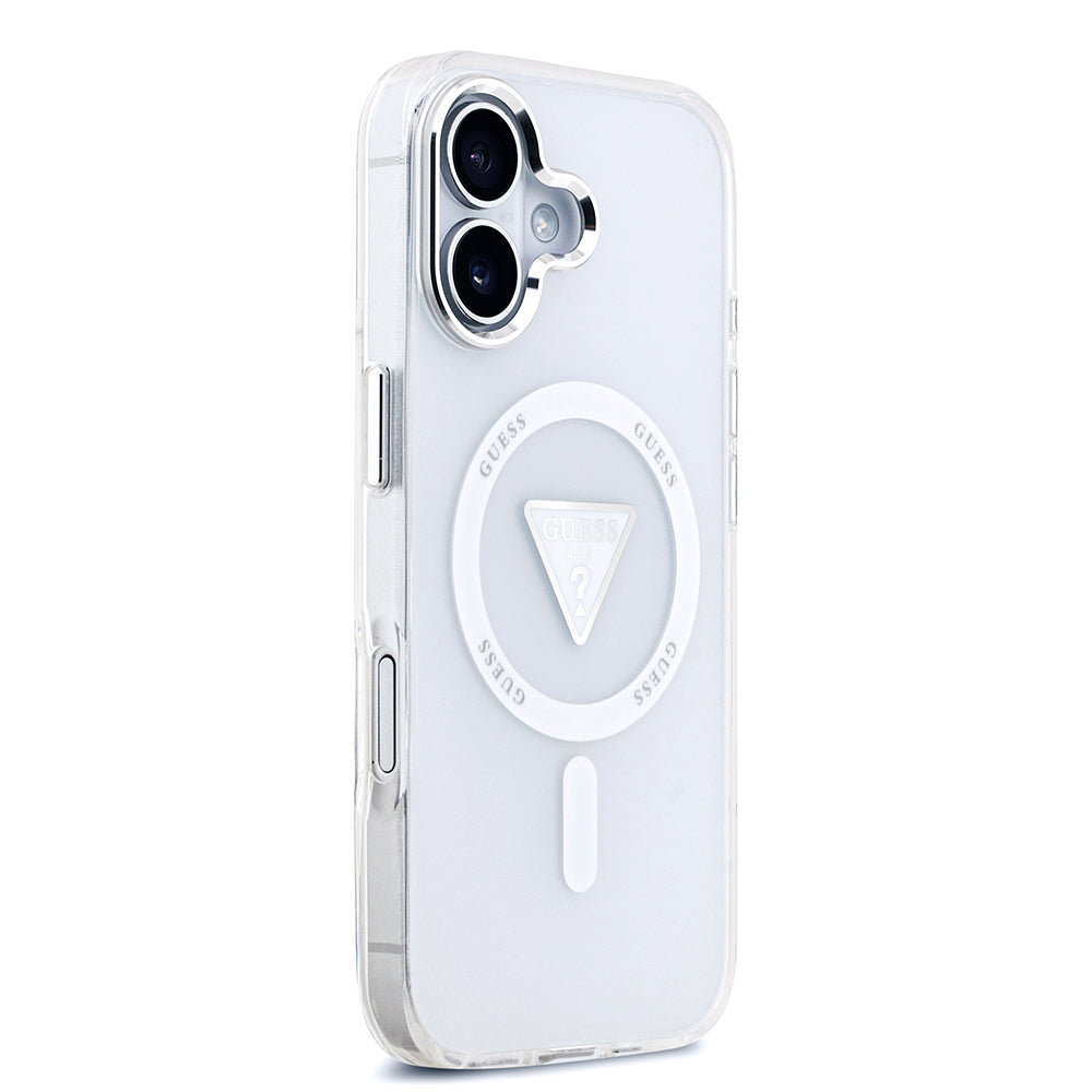 Apple iPhone 17 Kılıf Guess Orjinal Lisanslı M-safe Şarj Özellikli IML Baskılı Üçgen Logolu Metal Kamera Çerçeveli Kapak Şeffaf