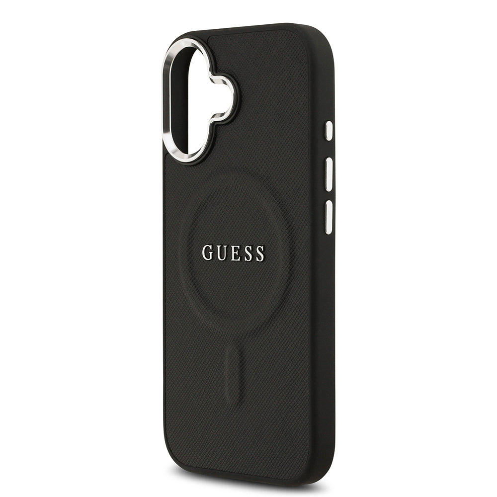 Apple iPhone 17 Kılıf Guess Orjinal Lisanslı M-safe Şarj Özellikli Klasik Yazı Logolu PU Deri Kapak Siyah