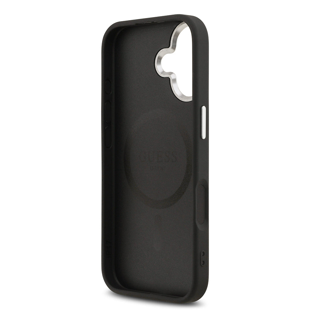 Apple iPhone 17 Kılıf Guess Orjinal Lisanslı M-safe Şarj Özellikli Klasik Yazı Logolu PU Deri Kapak Siyah