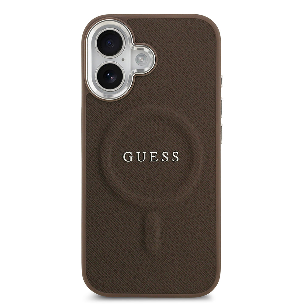 Apple iPhone 17 Kılıf Guess Orjinal Lisanslı M-safe Şarj Özellikli Klasik Yazı Logolu PU Deri Kapak Kahverengi