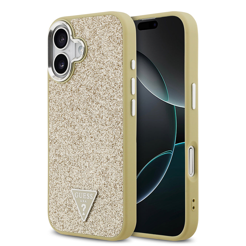 Apple iPhone 17 Kılıf Guess Orjinal Lisanslı M-safe Şarj Özellikli Metal Kamera Çerçeveli Üçgen Logolu Glitter Kapak Gold