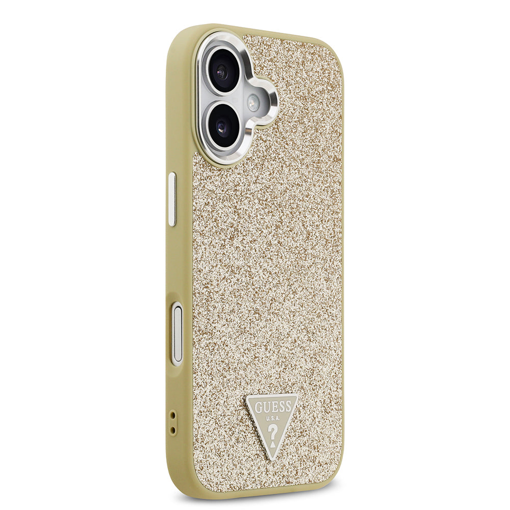 Apple iPhone 17 Kılıf Guess Orjinal Lisanslı M-safe Şarj Özellikli Metal Kamera Çerçeveli Üçgen Logolu Glitter Kapak Gold