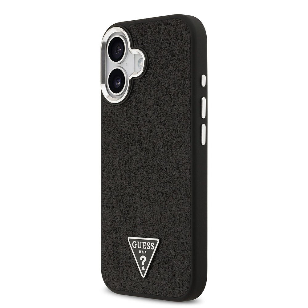 Apple iPhone 17 Kılıf Guess Orjinal Lisanslı M-safe Şarj Özellikli Metal Kamera Çerçeveli Üçgen Logolu Glitter Kapak Siyah