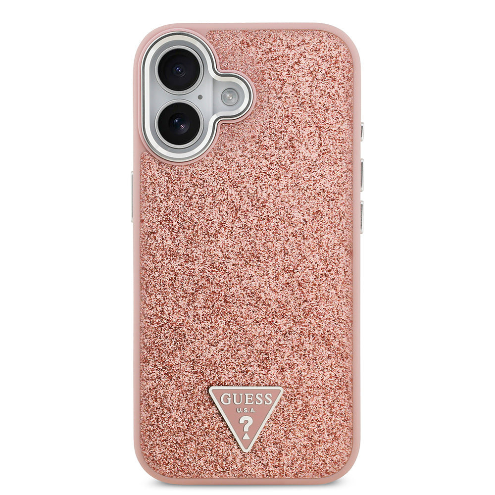 Apple iPhone 17 Kılıf Guess Orjinal Lisanslı M-safe Şarj Özellikli Metal Kamera Çerçeveli Üçgen Logolu Glitter Kapak Pembe