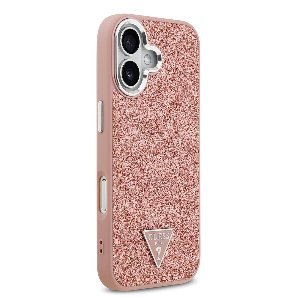 Apple iPhone 17 Kılıf Guess Orjinal Lisanslı M-safe Şarj Özellikli Metal Kamera Çerçeveli Üçgen Logolu Glitter Kapak Pembe