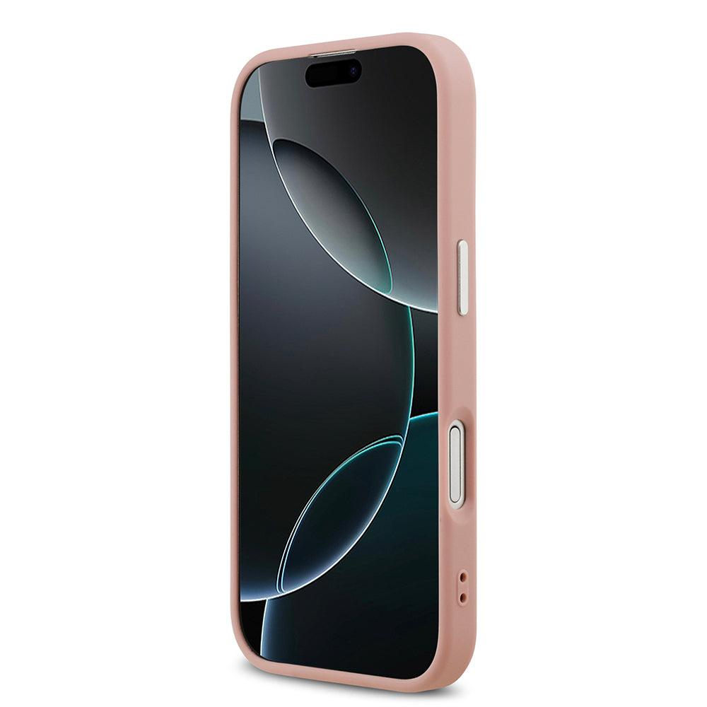 Apple iPhone 17 Kılıf Guess Orjinal Lisanslı M-safe Şarj Özellikli Metal Kamera Çerçeveli Üçgen Logolu Glitter Kapak Pembe