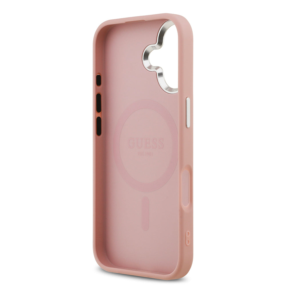 Apple iPhone 17 Kılıf Guess Orjinal Lisanslı M-safe Şarj Özellikli Metal Kamera Çerçeveli Üçgen Logolu Glitter Kapak Pembe