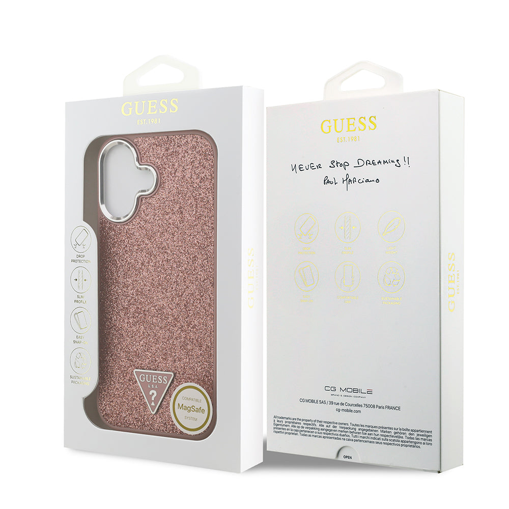 Apple iPhone 17 Kılıf Guess Orjinal Lisanslı M-safe Şarj Özellikli Metal Kamera Çerçeveli Üçgen Logolu Glitter Kapak Pembe