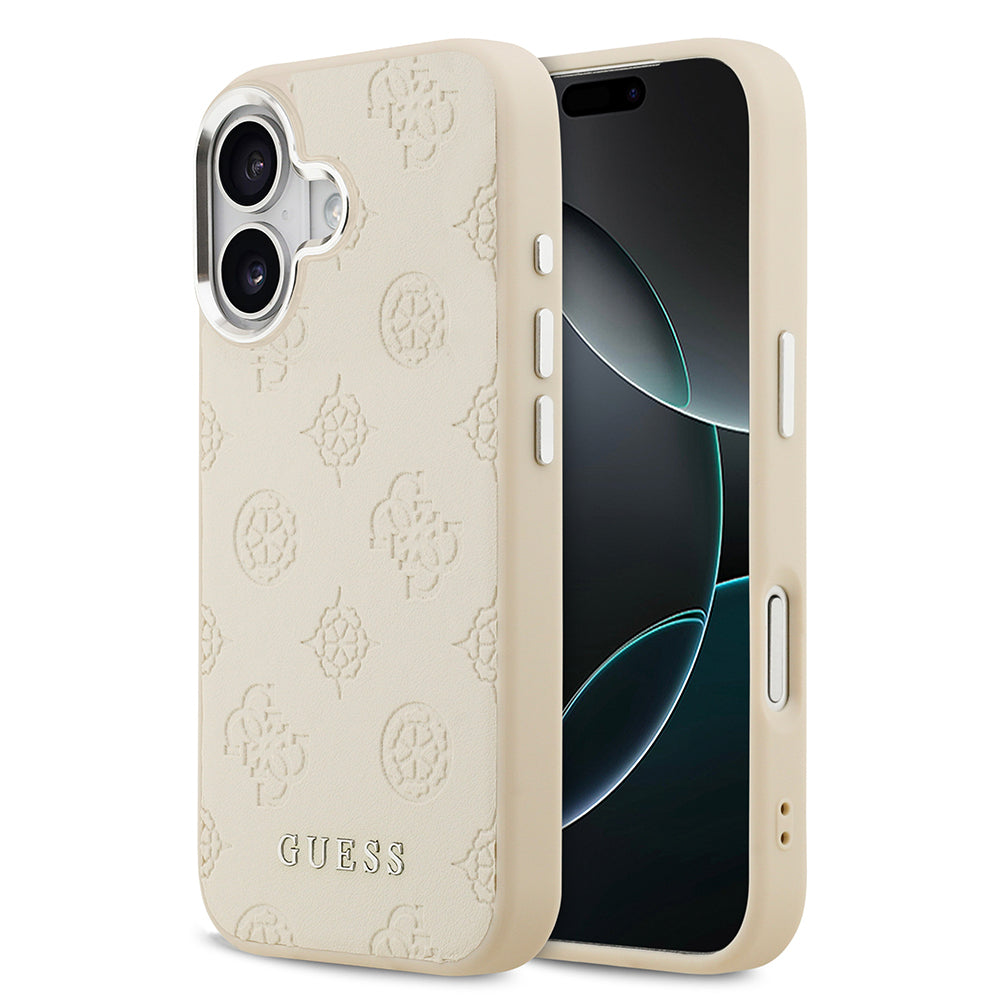 Apple iPhone 17 Kılıf Guess Orjinal Lisanslı M-safe Şarj Özellikli Sıcak Baskılı Klasik Yazı Logolu PU Deri Peony Kapak Bej