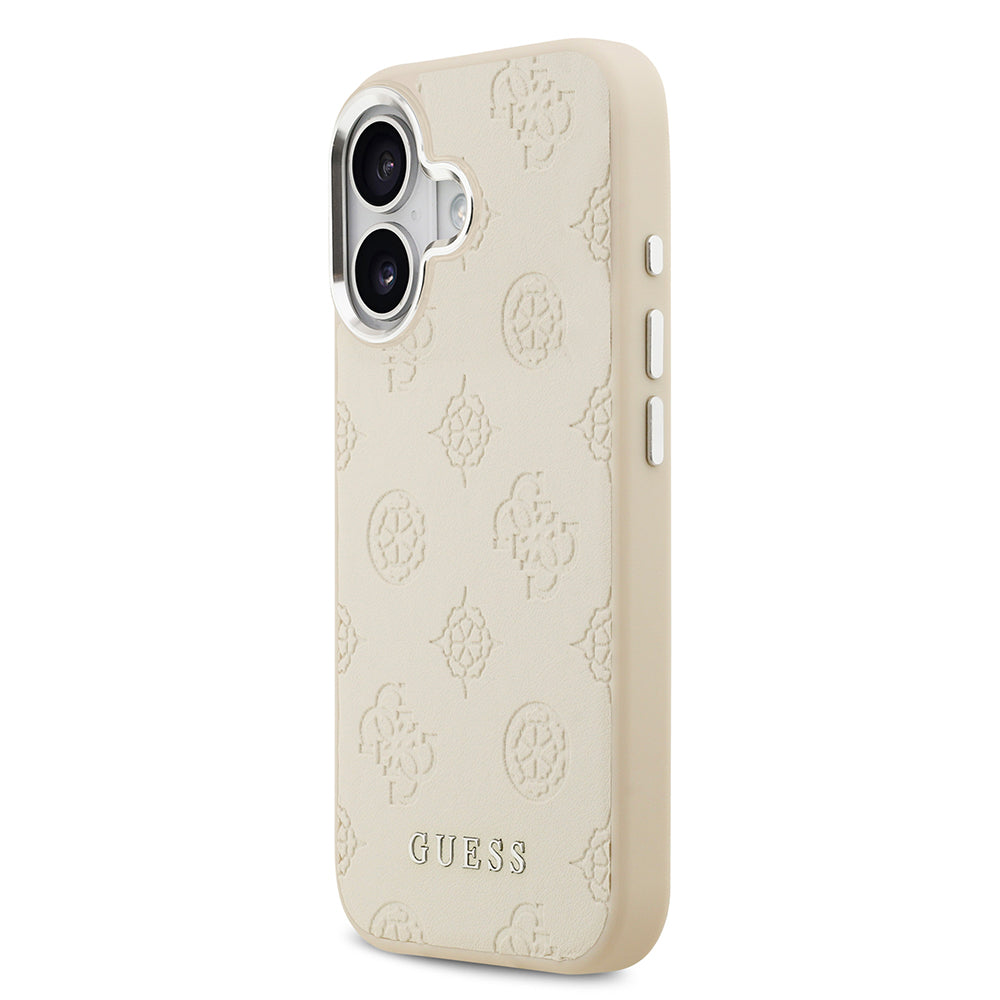 Apple iPhone 17 Kılıf Guess Orjinal Lisanslı M-safe Şarj Özellikli Sıcak Baskılı Klasik Yazı Logolu PU Deri Peony Kapak Bej