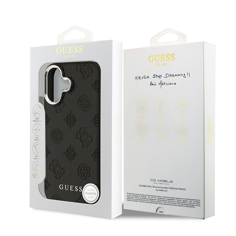 Apple iPhone 17 Kılıf Guess Orjinal Lisanslı M-safe Şarj Özellikli Sıcak Baskılı Klasik Yazı Logolu PU Deri Peony Kapak Siyah