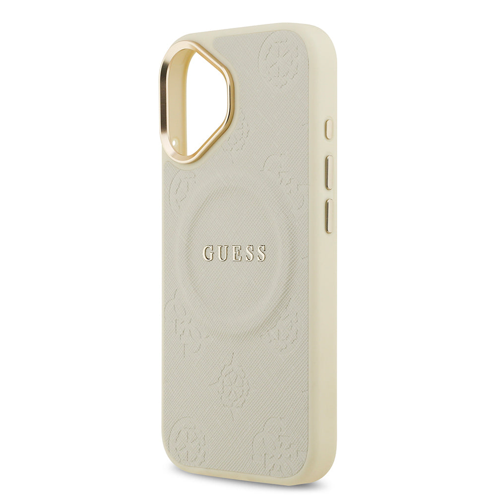 Apple iPhone 17 Kılıf Guess Orjinal Lisanslı M-safe Şarj Özellikli Sıcak Baskılı Yazı Logolu PU Deri Peony Kapak Bej