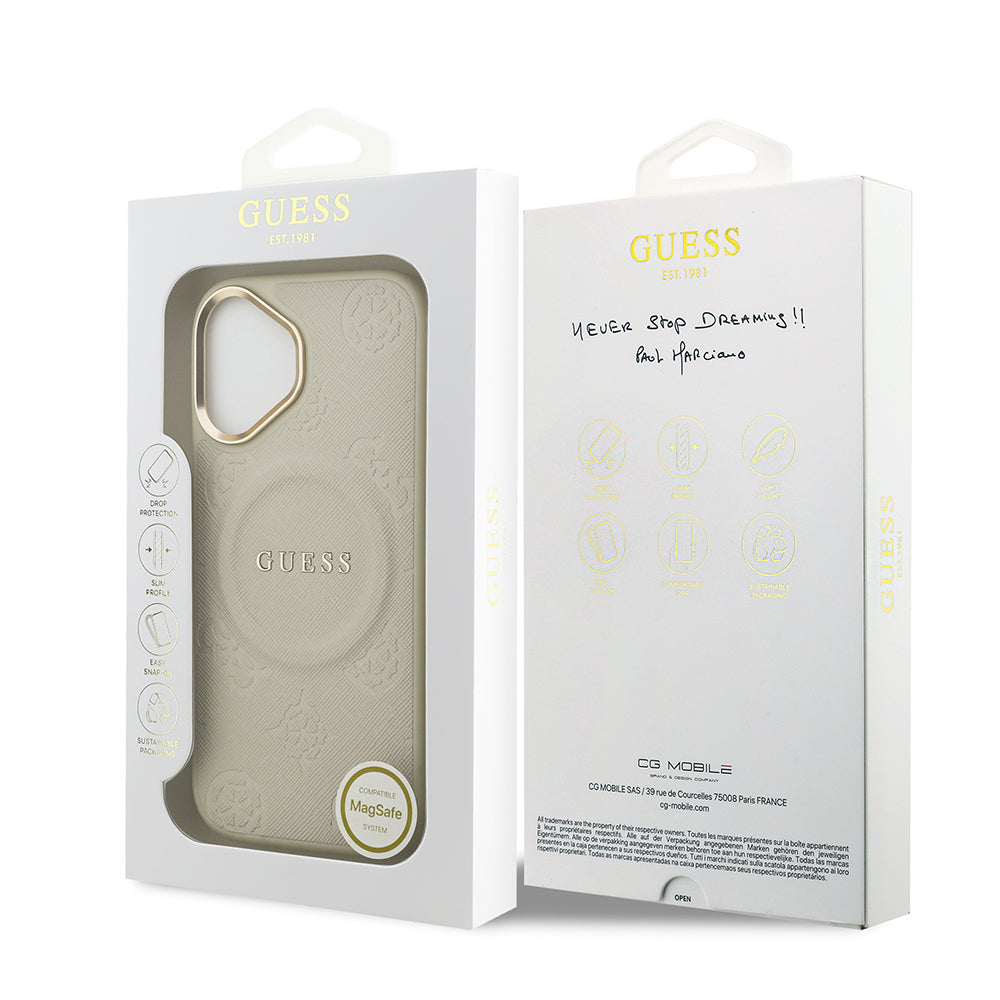 Apple iPhone 17 Kılıf Guess Orjinal Lisanslı M-safe Şarj Özellikli Sıcak Baskılı Yazı Logolu PU Deri Peony Kapak Bej