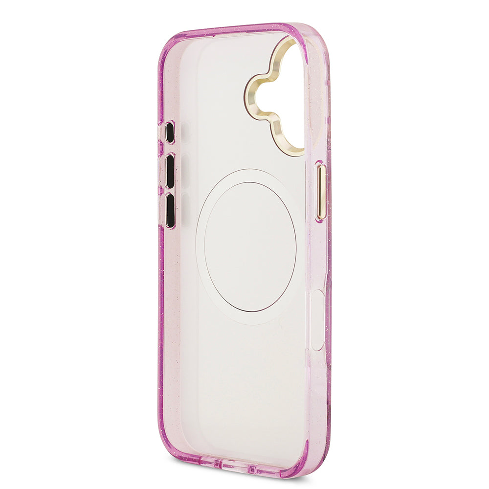 Apple iPhone 17 Kılıf Guess Orjinal Lisanslı M-safe Şarj Özellikli Simli Çiçek Desenli Metal Kamera Çerçeveli Üçgen Logolu Kapak Mor