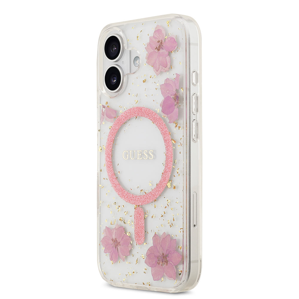 Apple iPhone 17 Kılıf Guess Orjinal Lisanslı M-safe Şarj Özellikli Transparan Resin Flowers Kapak Pembe