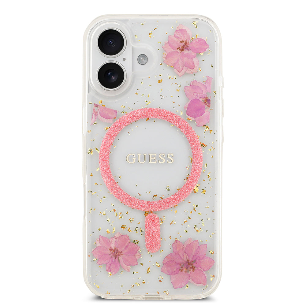 Apple iPhone 17 Kılıf Guess Orjinal Lisanslı M-safe Şarj Özellikli Transparan Resin Flowers Kapak Pembe
