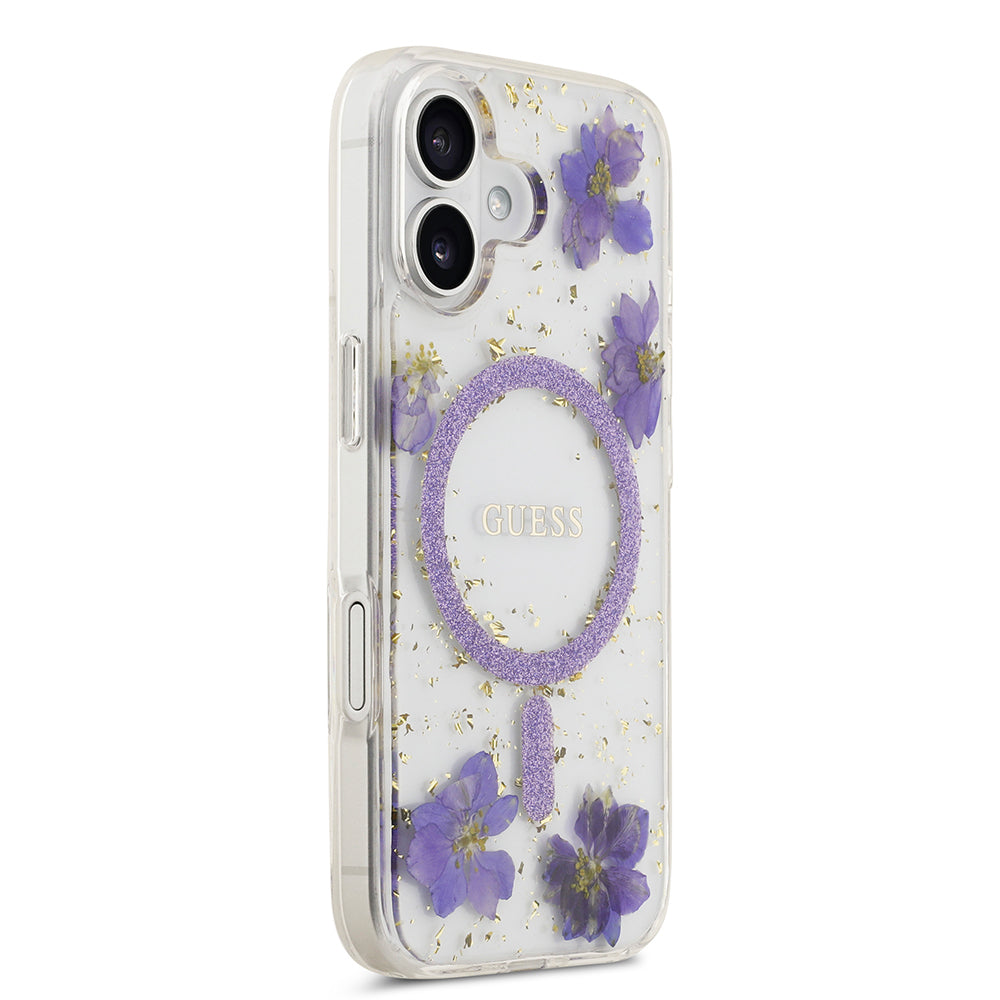 Apple iPhone 17 Kılıf Guess Orjinal Lisanslı M-safe Şarj Özellikli Transparan Resin Flowers Kapak Mor