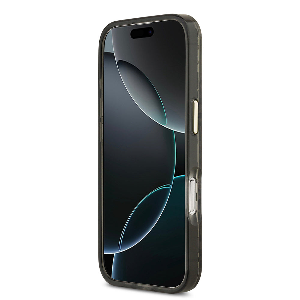 Apple iPhone 17 Kılıf Guess Orjinal Lisanslı M-safe Şarj Özellikli Üçgen Logolu Simli Leopar Desenli Kapak Siyah