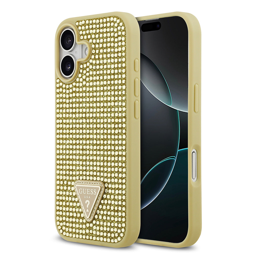 Apple iPhone 17 Kılıf Guess Orjinal Lisanslı Taşlı Arka Yüzey Üçgen Logolu Kapak Gold