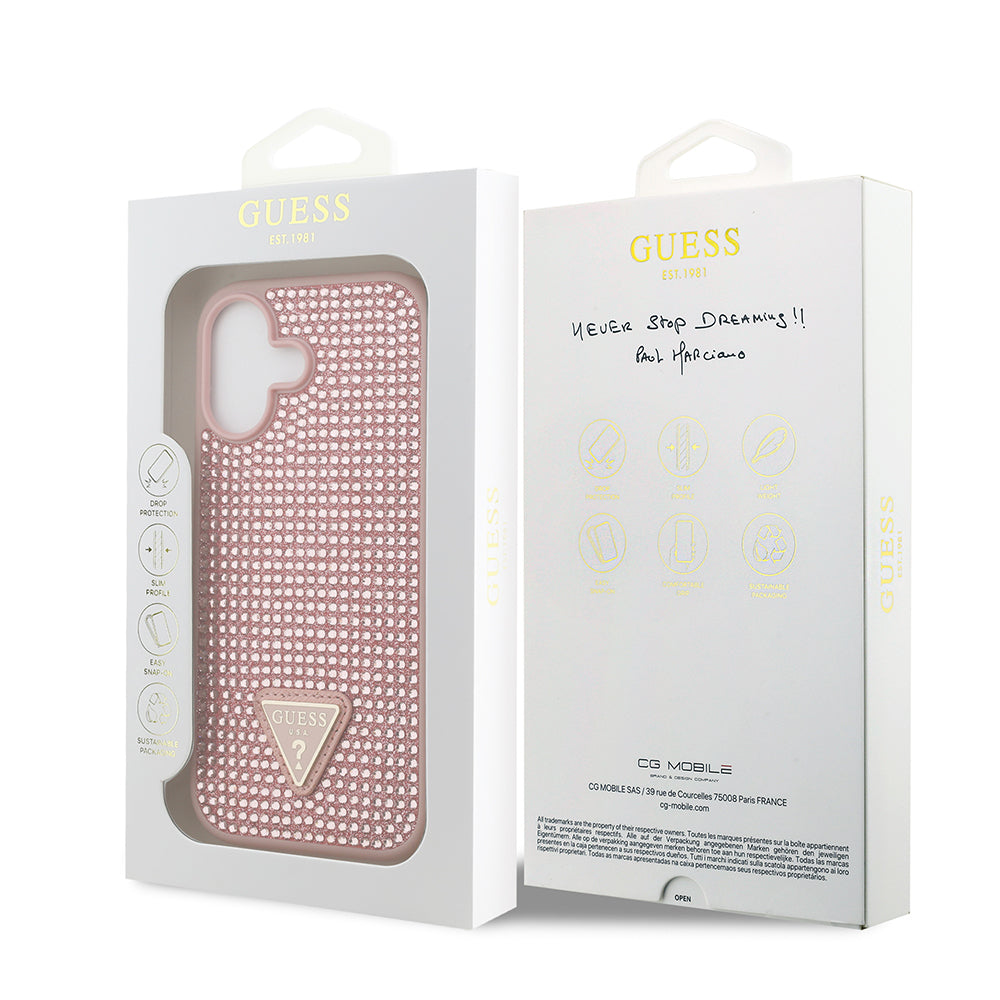 Apple iPhone 17 Kılıf Guess Orjinal Lisanslı Taşlı Arka Yüzey Üçgen Logolu Kapak Pembe