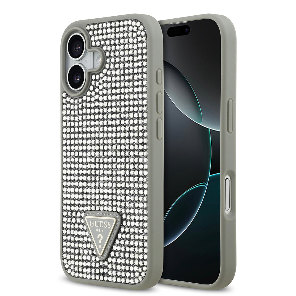 Apple iPhone 17 Kılıf Guess Orjinal Lisanslı Taşlı Arka Yüzey Üçgen Logolu Kapak Gümüş