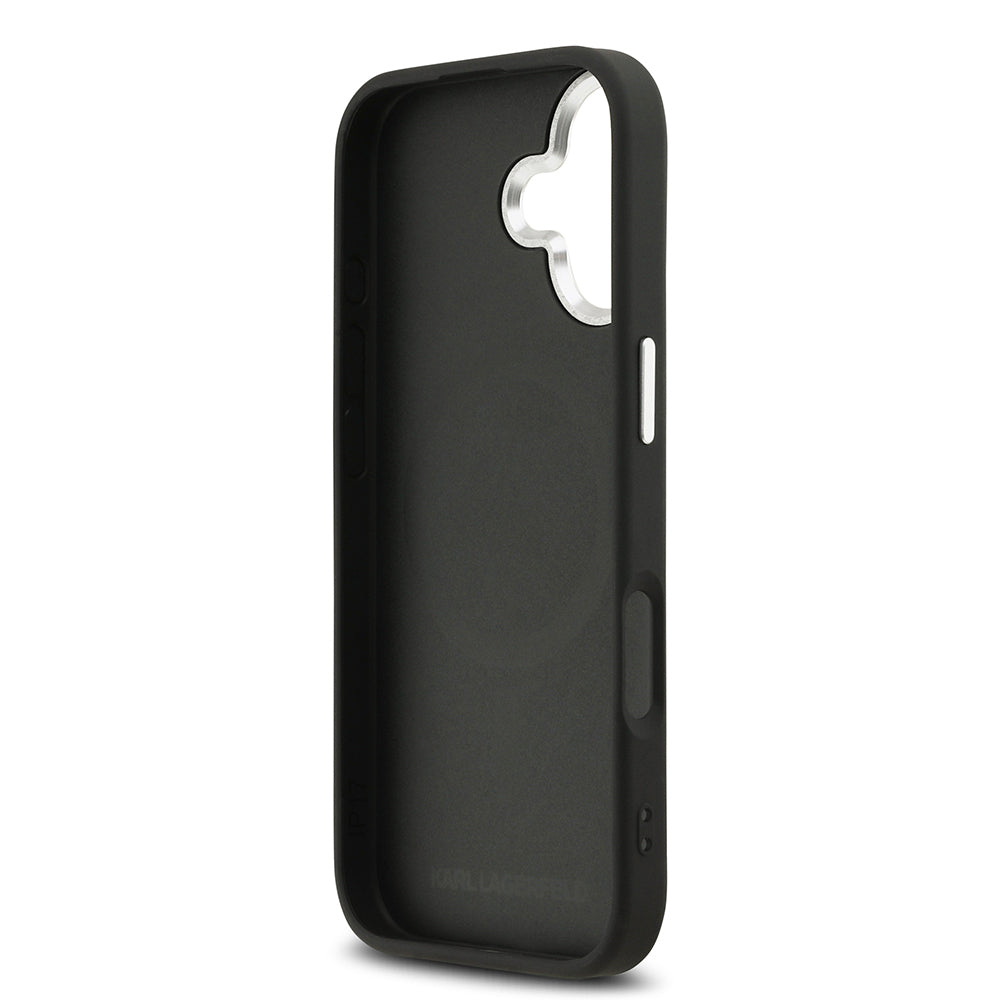 Apple iPhone 17 Kılıf Karl Lagerfeld Orjinal Lisanslı M-safe Şarj Özellikli Delikli Tasarım Metal Logolu PU Deri Kapak Siyah