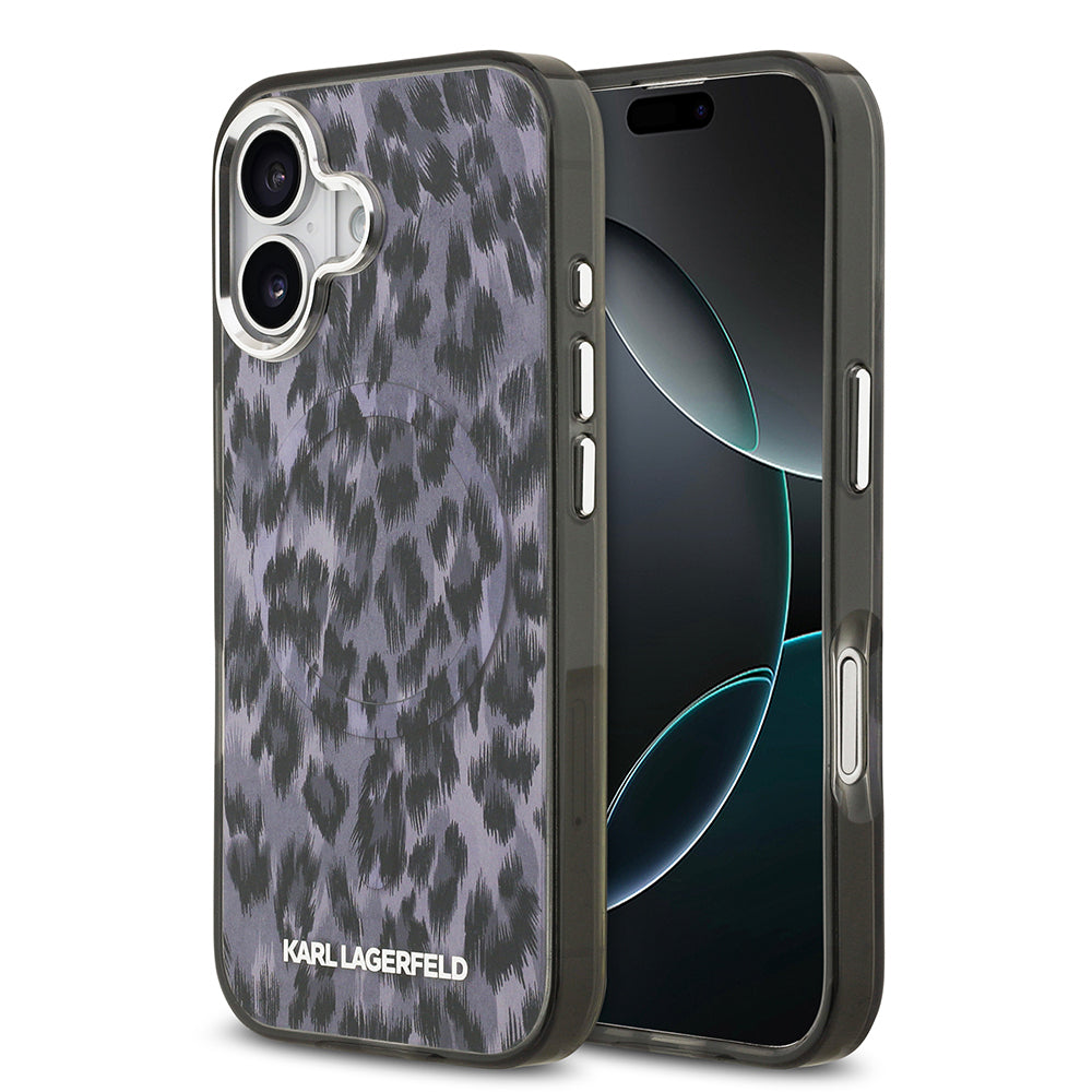 Apple iPhone 17 Kılıf Karl Lagerfeld Orjinal Lisanslı M-safe Şarj Özellikli IML Leopar Baskılı Kapak Siyah