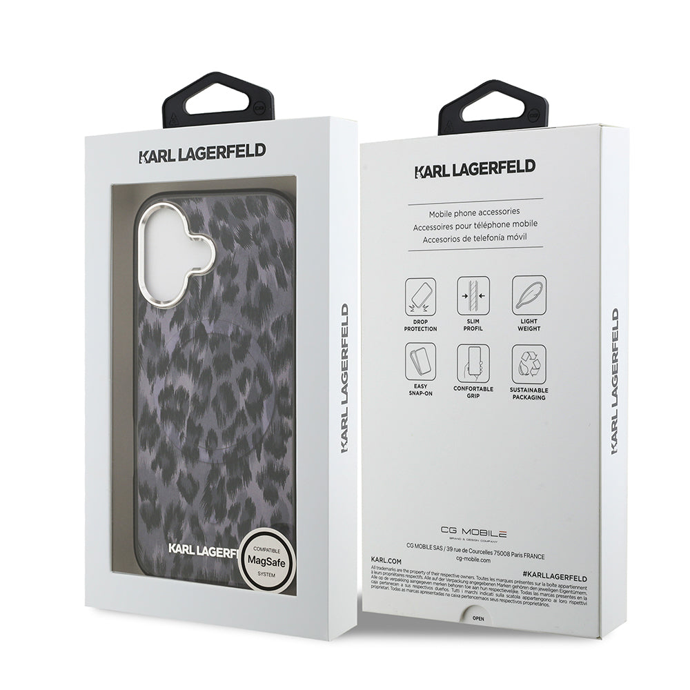 Apple iPhone 17 Kılıf Karl Lagerfeld Orjinal Lisanslı M-safe Şarj Özellikli IML Leopar Baskılı Kapak Siyah