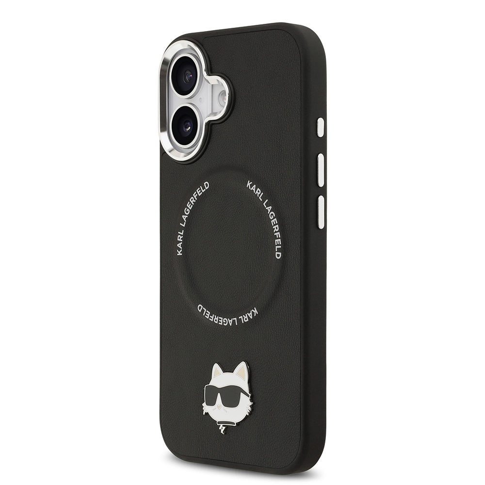 Apple iPhone 17 Kılıf Karl Lagerfeld Orjinal Lisanslı M-safe Şarj Özellikli Metal Kamera ve Buton Tasarımlı Choupette PU Deri Kapak Siyah