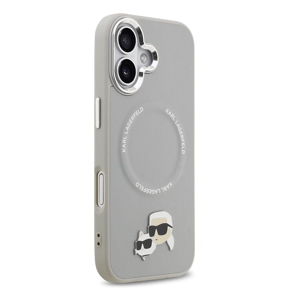 Apple iPhone 17 Kılıf Karl Lagerfeld Orjinal Lisanslı M-safe Şarj Özellikli Metal Kamera ve Buton Tasarımlı K&C PU Deri Kapak Gri