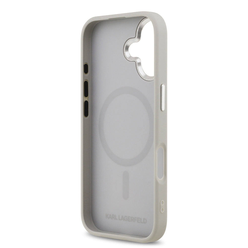 Apple iPhone 17 Kılıf Karl Lagerfeld Orjinal Lisanslı M-safe Şarj Özellikli Metal Kamera ve Buton Tasarımlı K&C PU Deri Kapak Gri