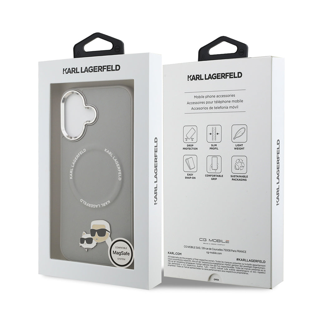 Apple iPhone 17 Kılıf Karl Lagerfeld Orjinal Lisanslı M-safe Şarj Özellikli Metal Kamera ve Buton Tasarımlı K&C PU Deri Kapak Gri