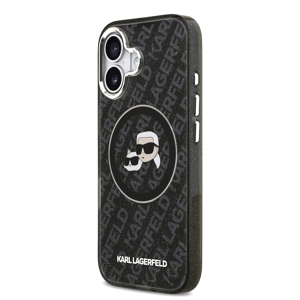 Apple iPhone 17 Kılıf Karl Lagerfeld Orjinal Lisanslı Parlayan Simli Karl & Choupette Heads Kapak Siyah