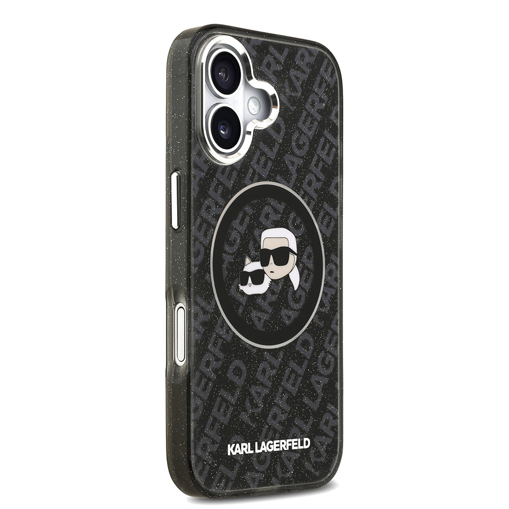Apple iPhone 17 Kılıf Karl Lagerfeld Orjinal Lisanslı Parlayan Simli Karl & Choupette Heads Kapak Siyah