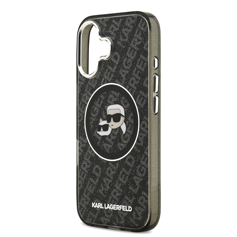 Apple iPhone 17 Kılıf Karl Lagerfeld Orjinal Lisanslı Parlayan Simli Karl & Choupette Heads Kapak Siyah
