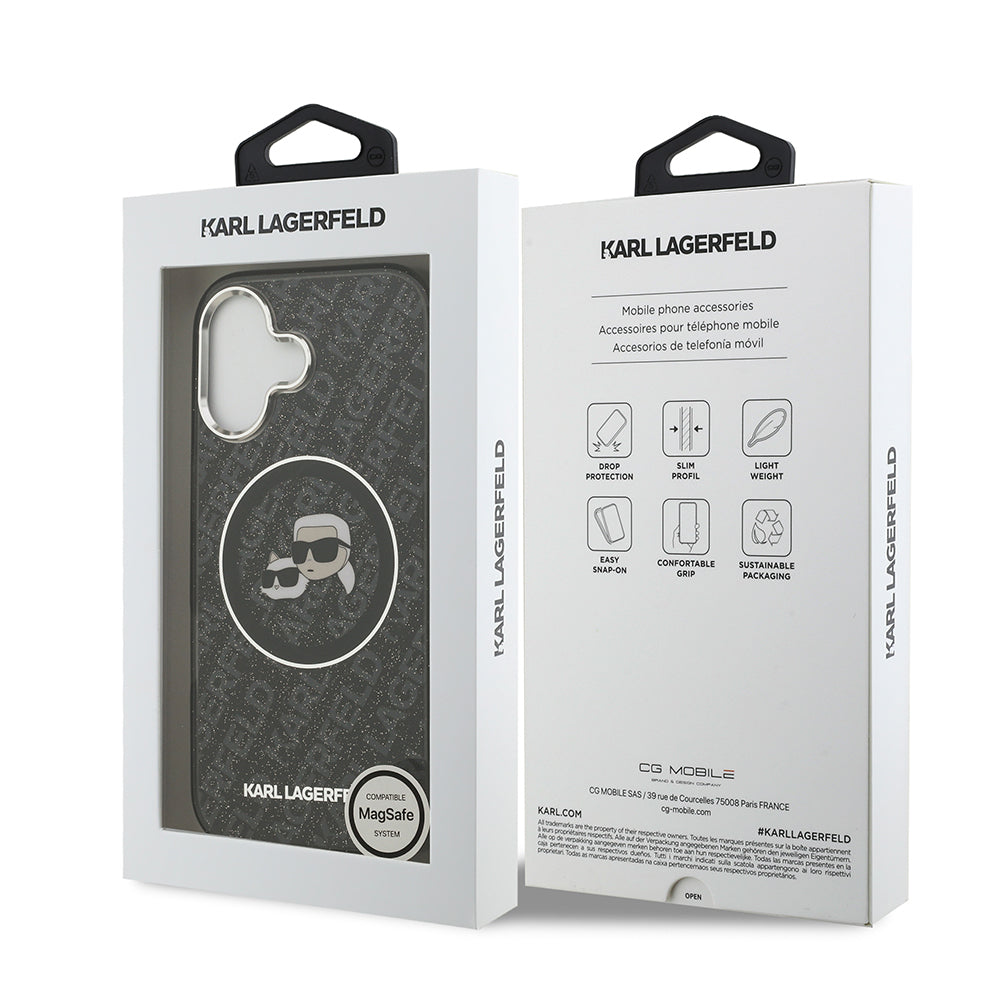 Apple iPhone 17 Kılıf Karl Lagerfeld Orjinal Lisanslı Parlayan Simli Karl & Choupette Heads Kapak Siyah
